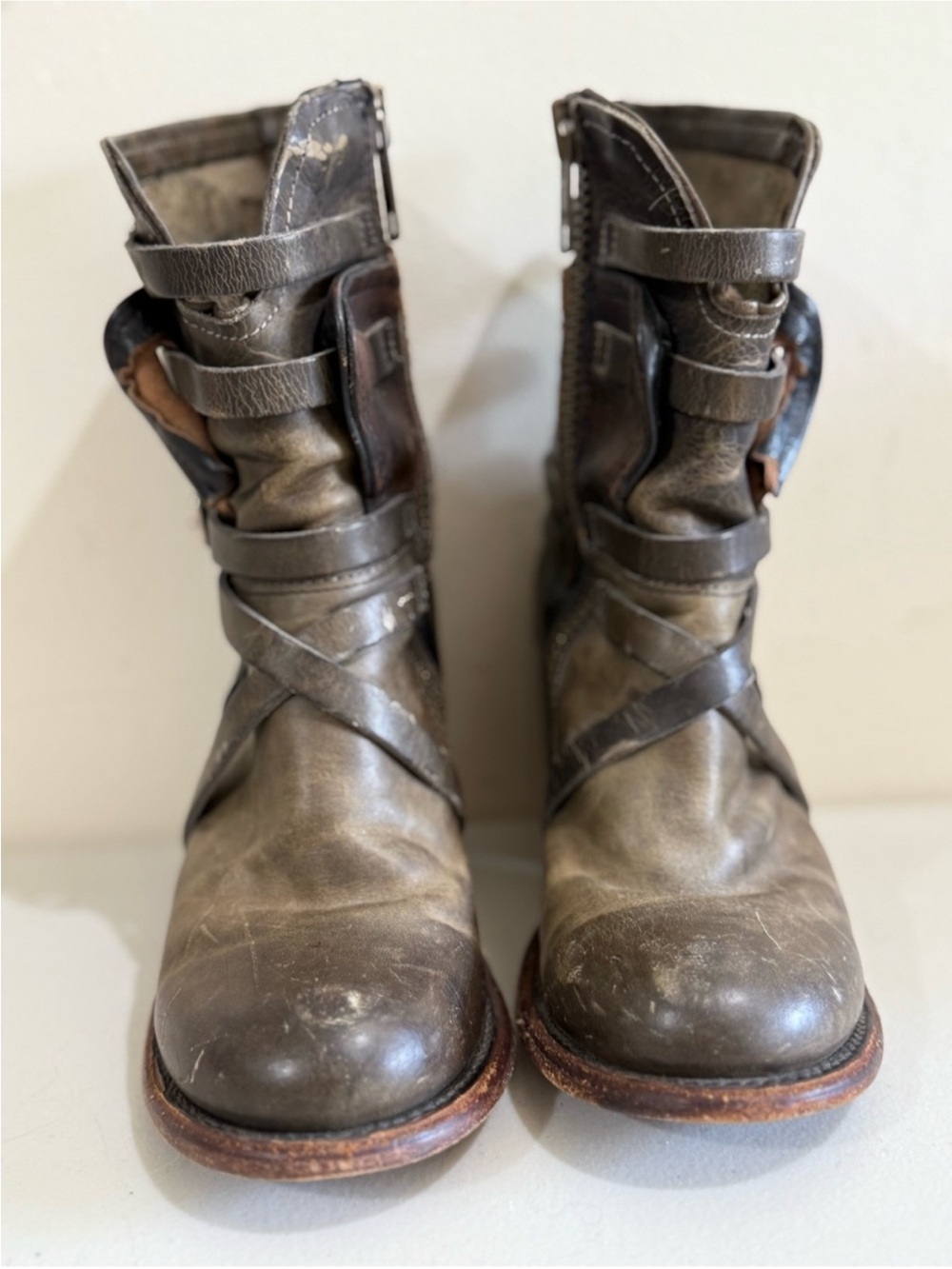 Freebird by Steven Olive Brown Distressed Leather Moto Ankle Boots